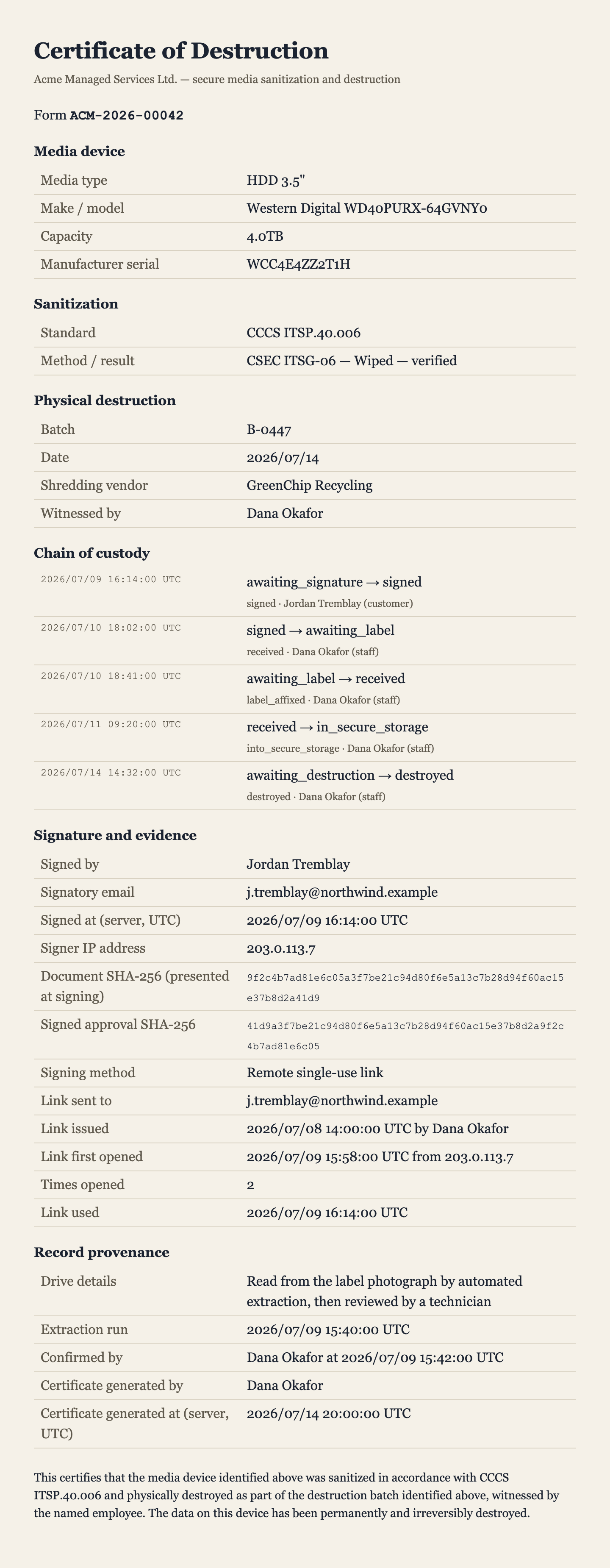 A Custodyne Certificate of Destruction, including its chain of custody, signature evidence, and record provenance