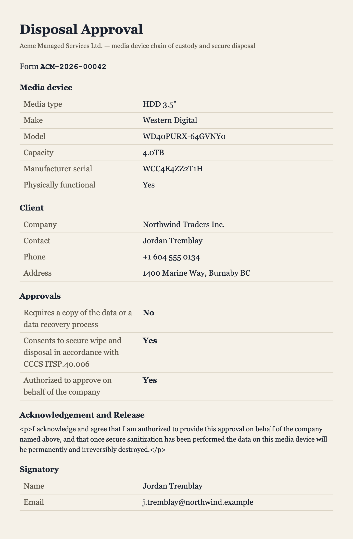 A signed Custodyne disposal approval, showing the media, the method, the sanitization standard, and the customer's signature